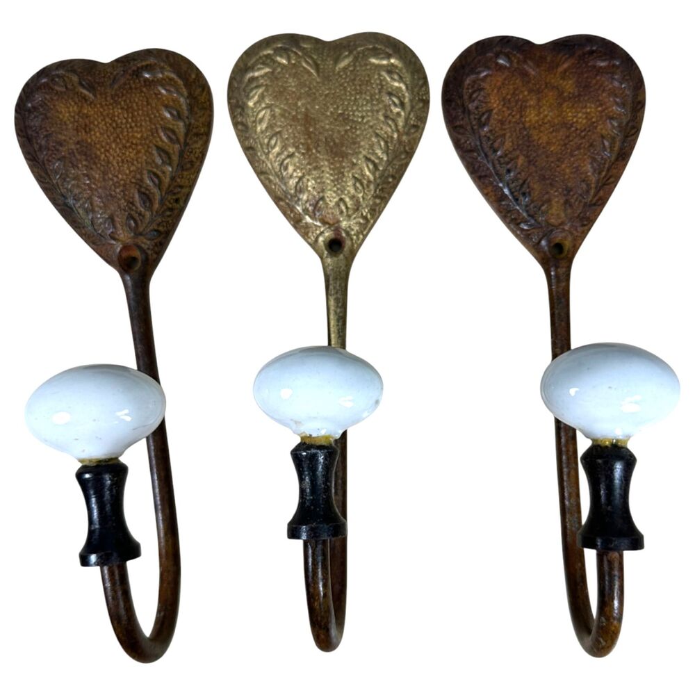 Vintage Mixed Metal Boho Heart Rustic Ceramic Hooks Set of 3